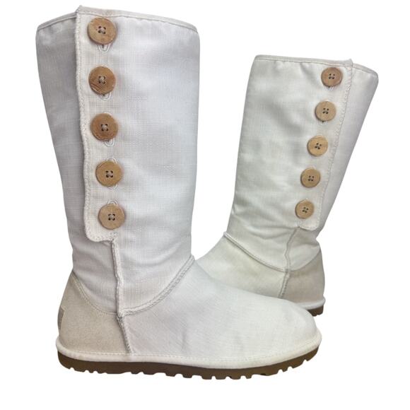 UGG Lo Pro White Boots Tall Cream Size 7 Button Up - Picture 1 of 9